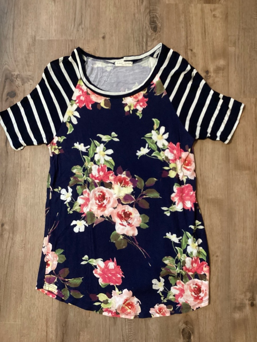 First Looks Navy Floral Raglan Tee with Striped Sleeves
